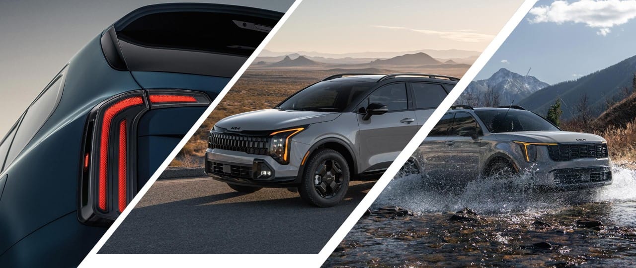 2023 Kia Telluride LED Taillight Close-Up Alongside A 2023 Kia Sportage Driving On A Highway And A 2025 Kia Sorento Driving Through a Swamp